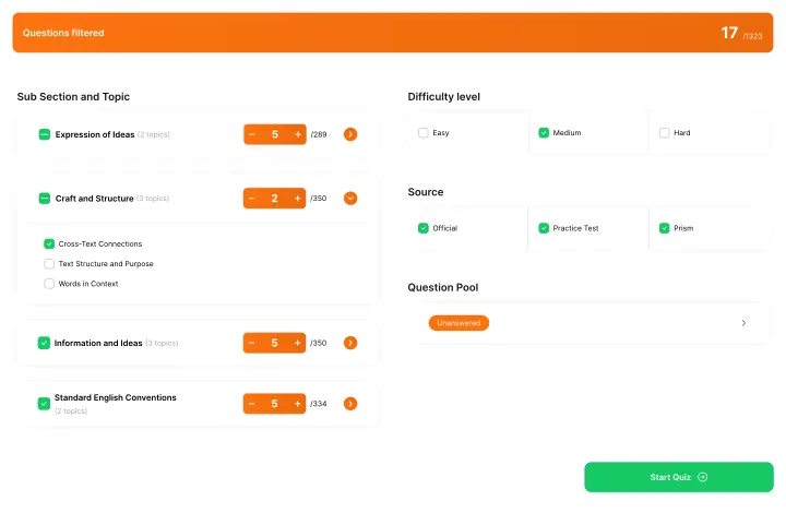 Custom Quiz Builder Interface showing topic selection, difficulty levels, and question filtering